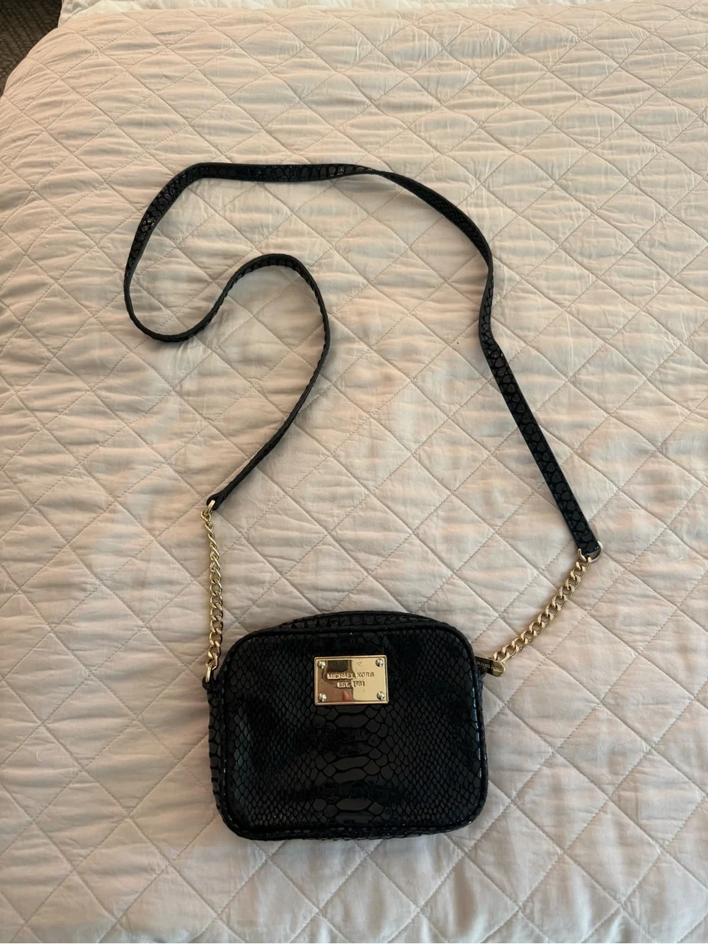 Michael Kors Black Snake-Embossed Crossbody with Gold Plate